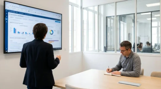 Deux professionnels en réunion de travail devant un tableau de bord de gouvernance IT affiché sur écran mural dans une salle de réunion moderne