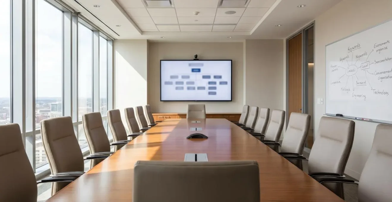 Salle de réunion de direction vide équipée d'un écran mural et d'une table de conférence dans un environnement professionnel contemporain
